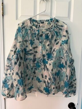 LOFT Teal & Gray Watercolor Floral Blouse